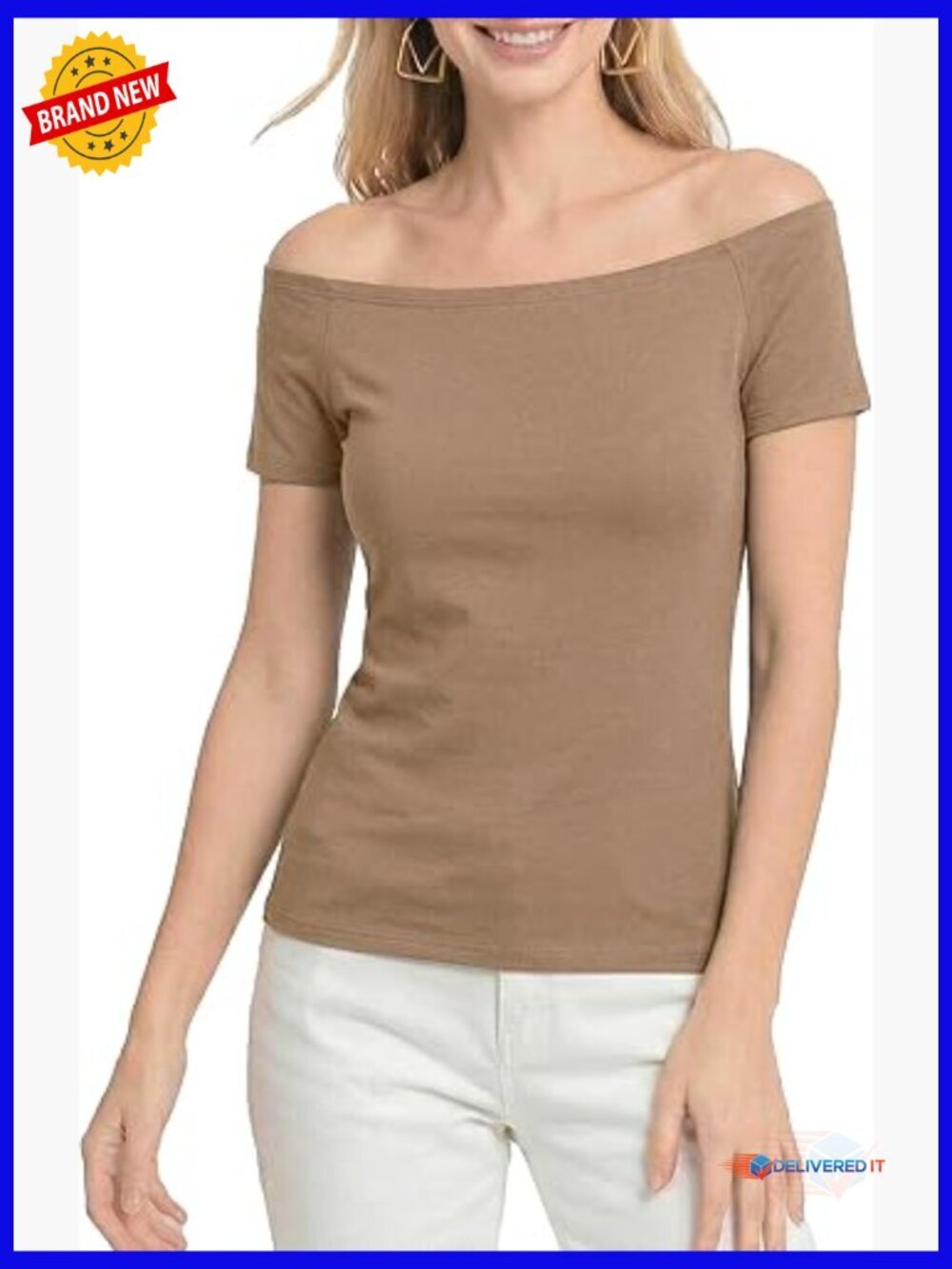Off Shoulder Slim Fit Tee, Short Sleeve Rayon Top for Casual Wear